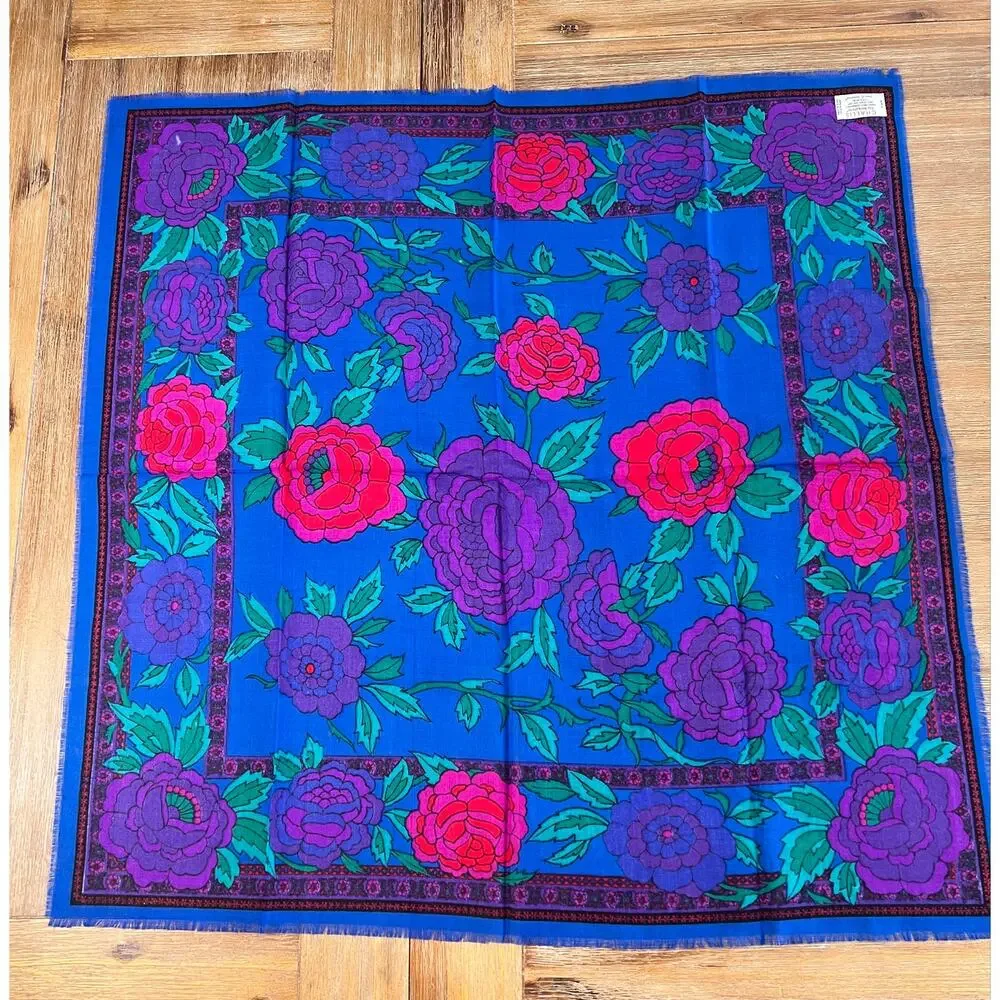 Vintage Challis by Berkshire Floral Scarf Blue Purple Pink made in Japan 31”